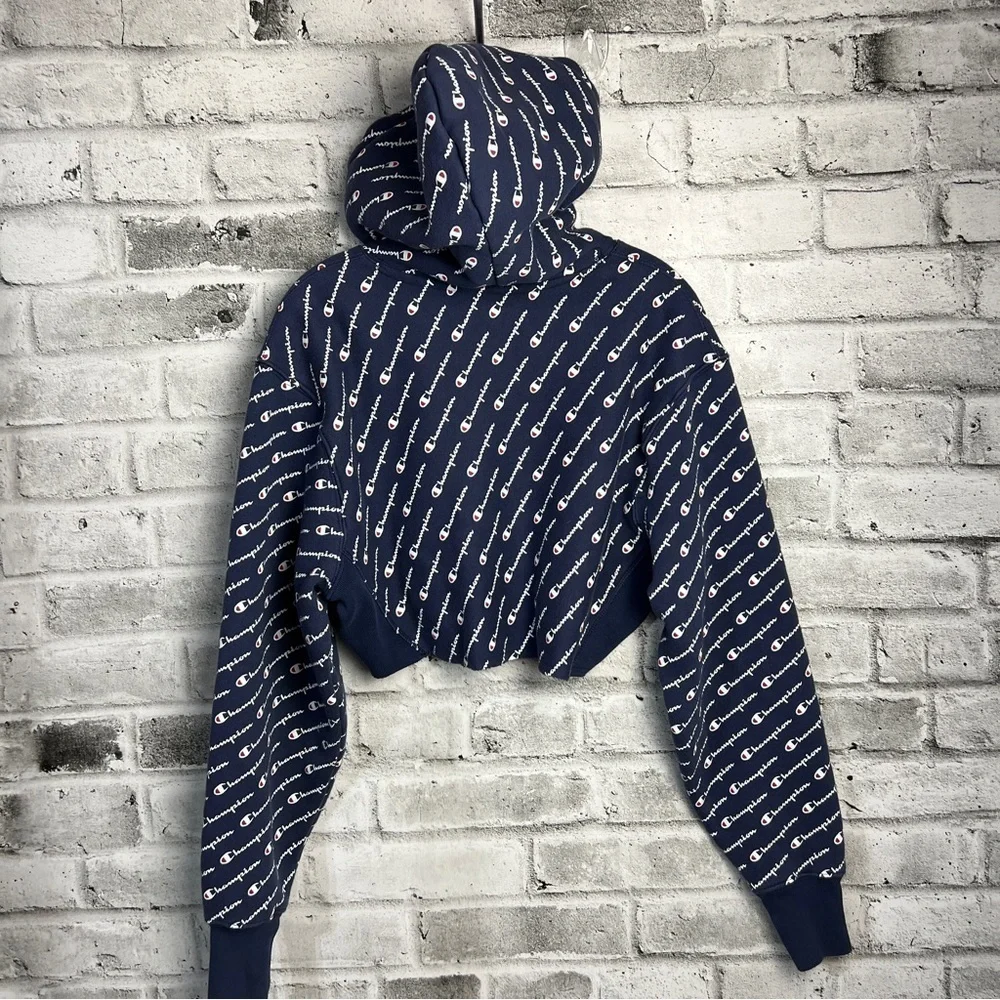 Champion Reverse Weave All Over Print Logo Cropped Hoodie Size Small - Picture 6 of 12